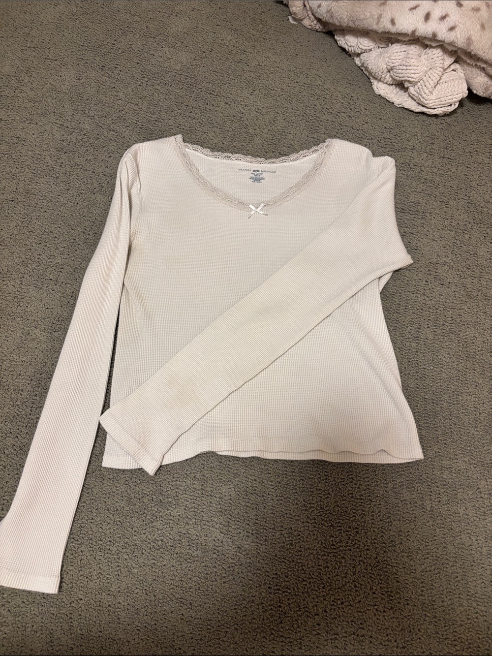 Brandy Melville Waffel Knit Lace-Trim Thermal Long Sleeve Top in Cream